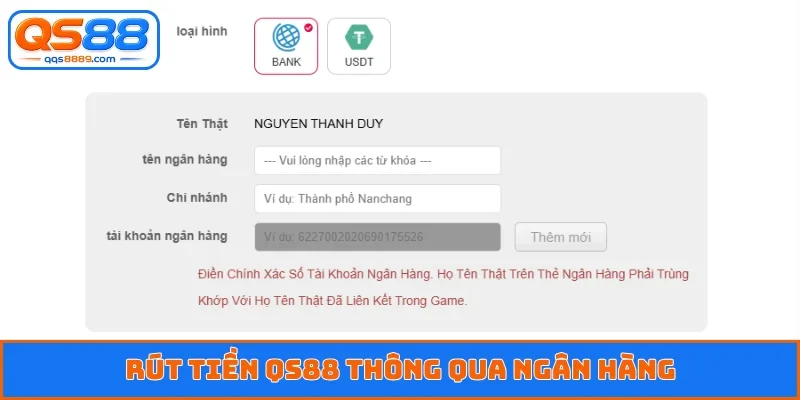 Rút tiền QS88 thông qua ngân hàng